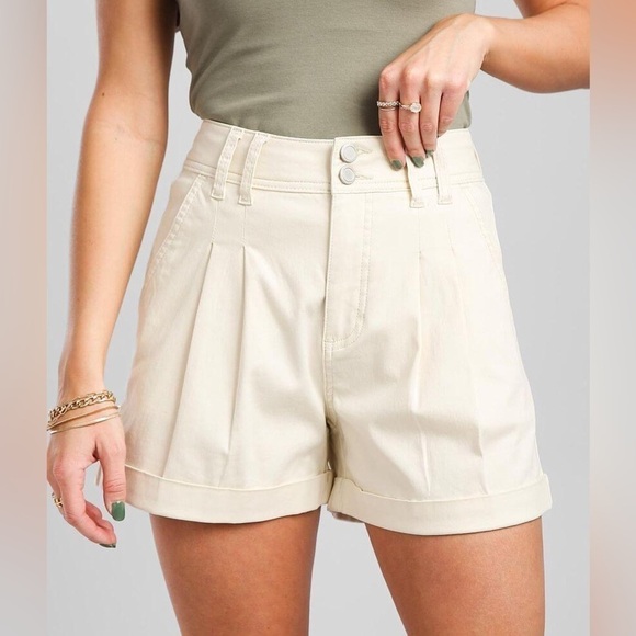 BKE Pants - BKE High Rise Pleated Stretch Cuffed Shorts Natural Medium